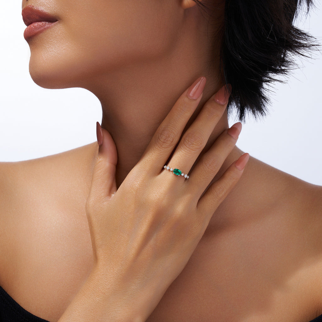 Orsa Oval-Cut Lab-Grown Emerald Solitaire Ring in Sterling Silver, shown worn