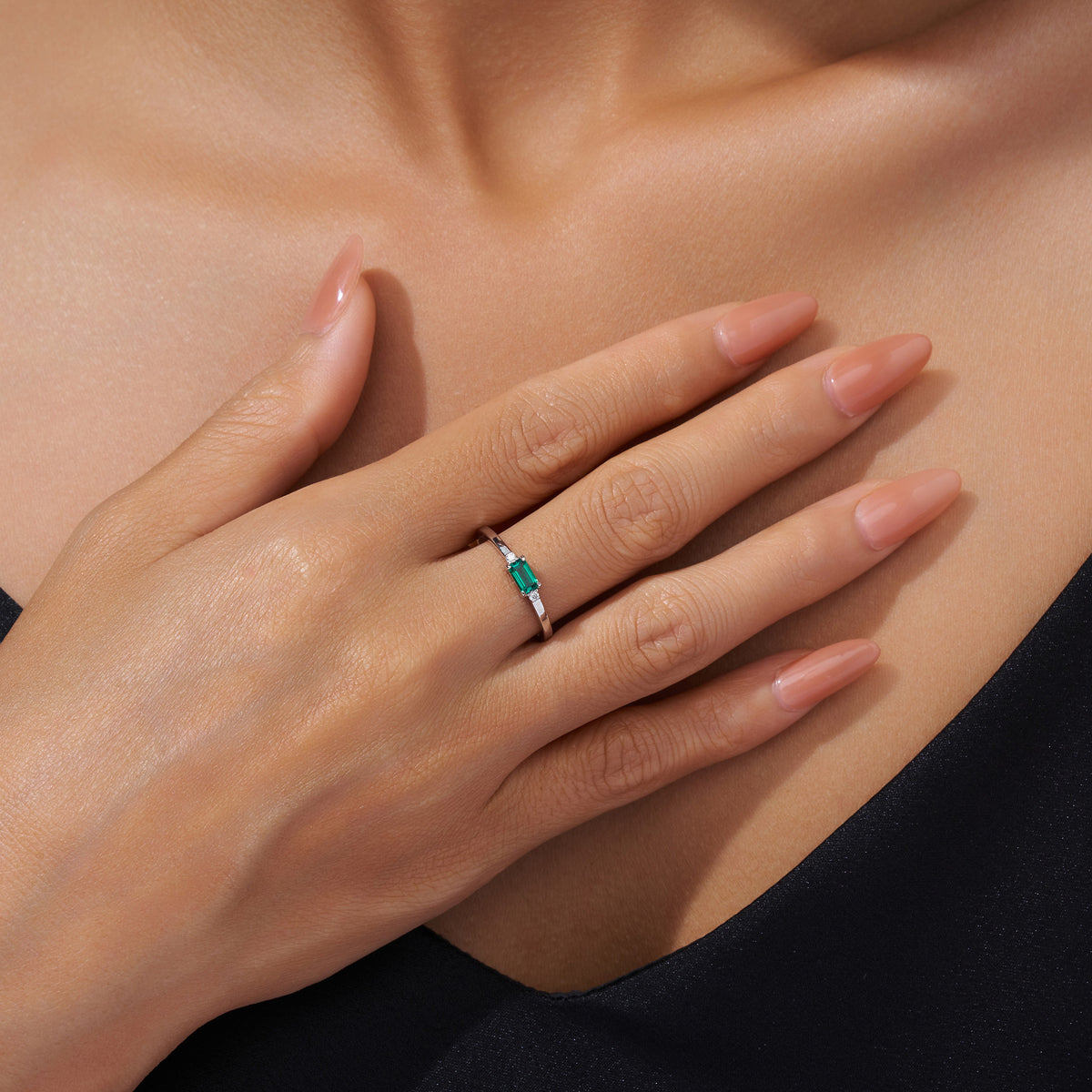 Olea Emerald-Cut Lab-Grown Emerald Solitaire Ring in Sterling Silver, shown worn