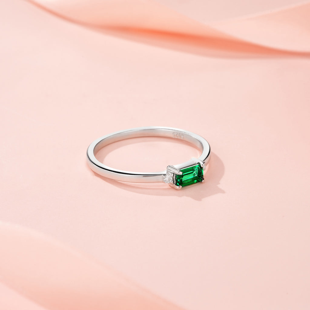 Olea Emerald-Cut Lab-Grown Emerald Solitaire Ring in Sterling Silver, styled product photo