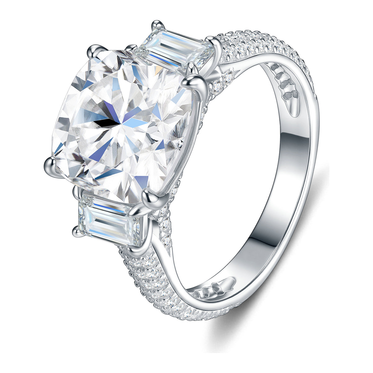 Portico 5 Carat Cushion-Cut Moissanite Three-Stone Ring in Sterling Silver