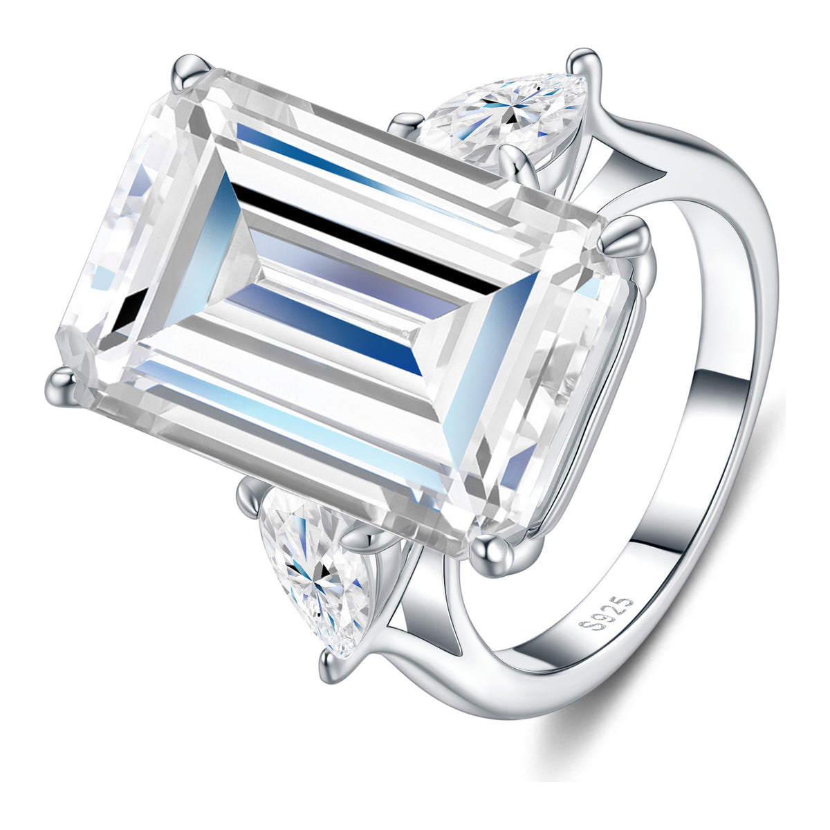 Trionfo Emerald-Cut Moissanite Three-Stone Ring in Sterling Silver