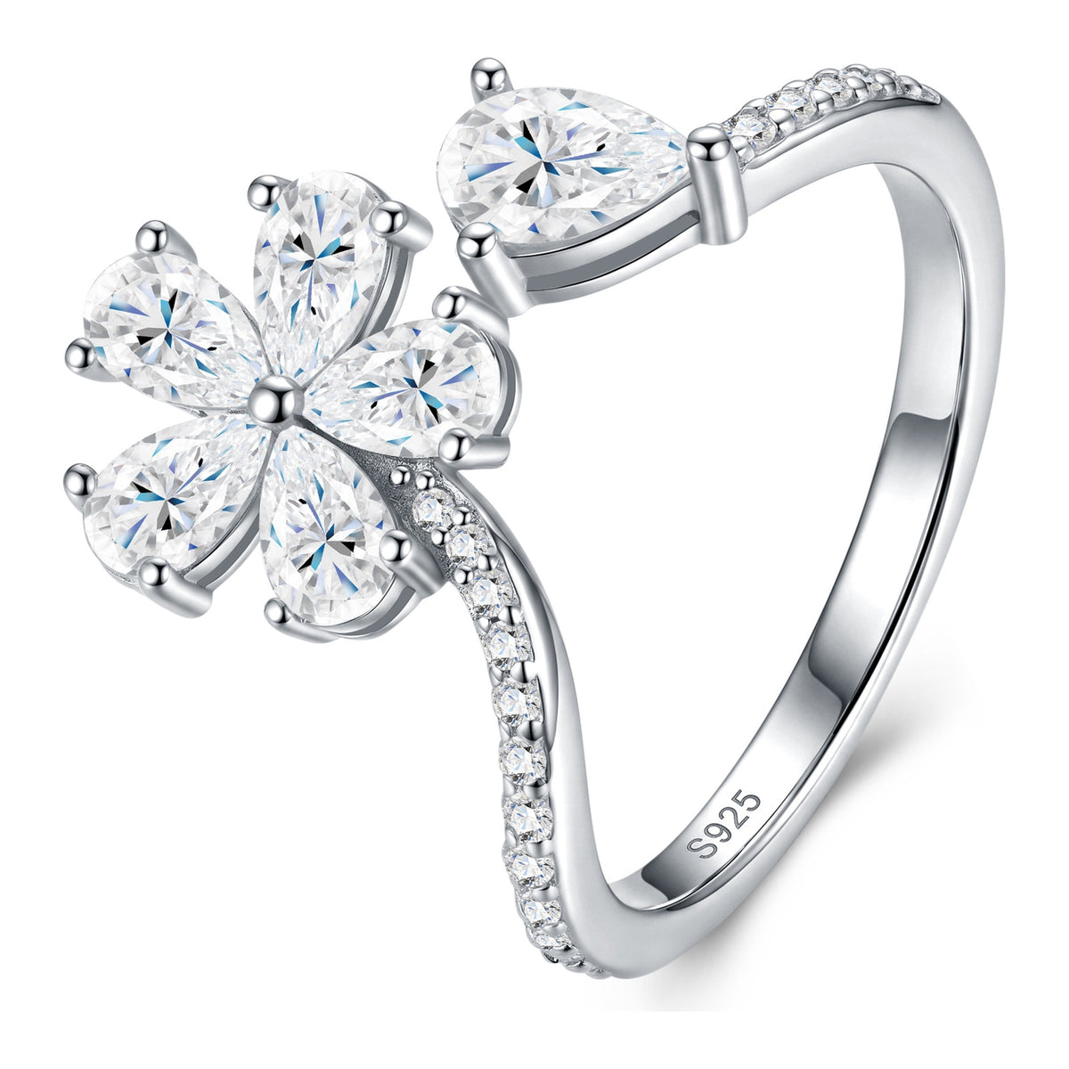 Zagara Pear-Cut Moissanite Flower Ring in Sterling Silver