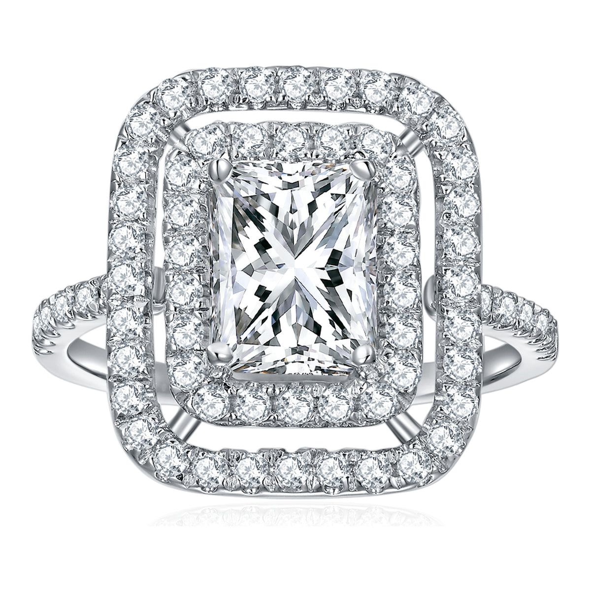 Raggiante 2 Carat Radiant-Cut Moissanite Halo Ring in Sterling Silver