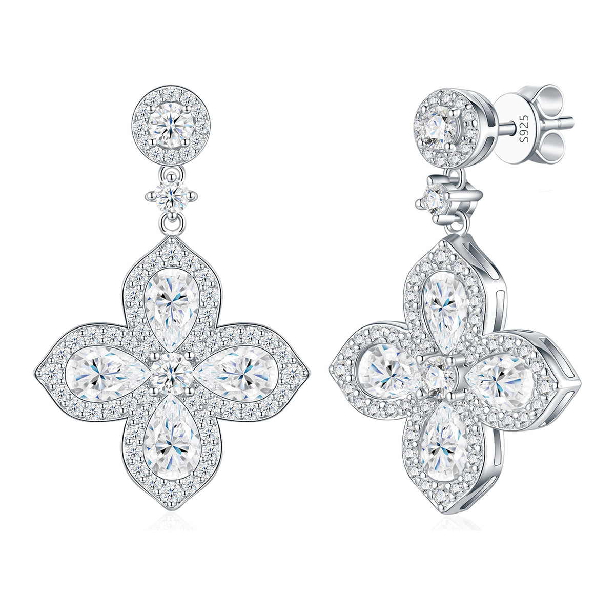 Calice Pear-Cut Moissanite Flower Drop Earrings in Sterling Silver