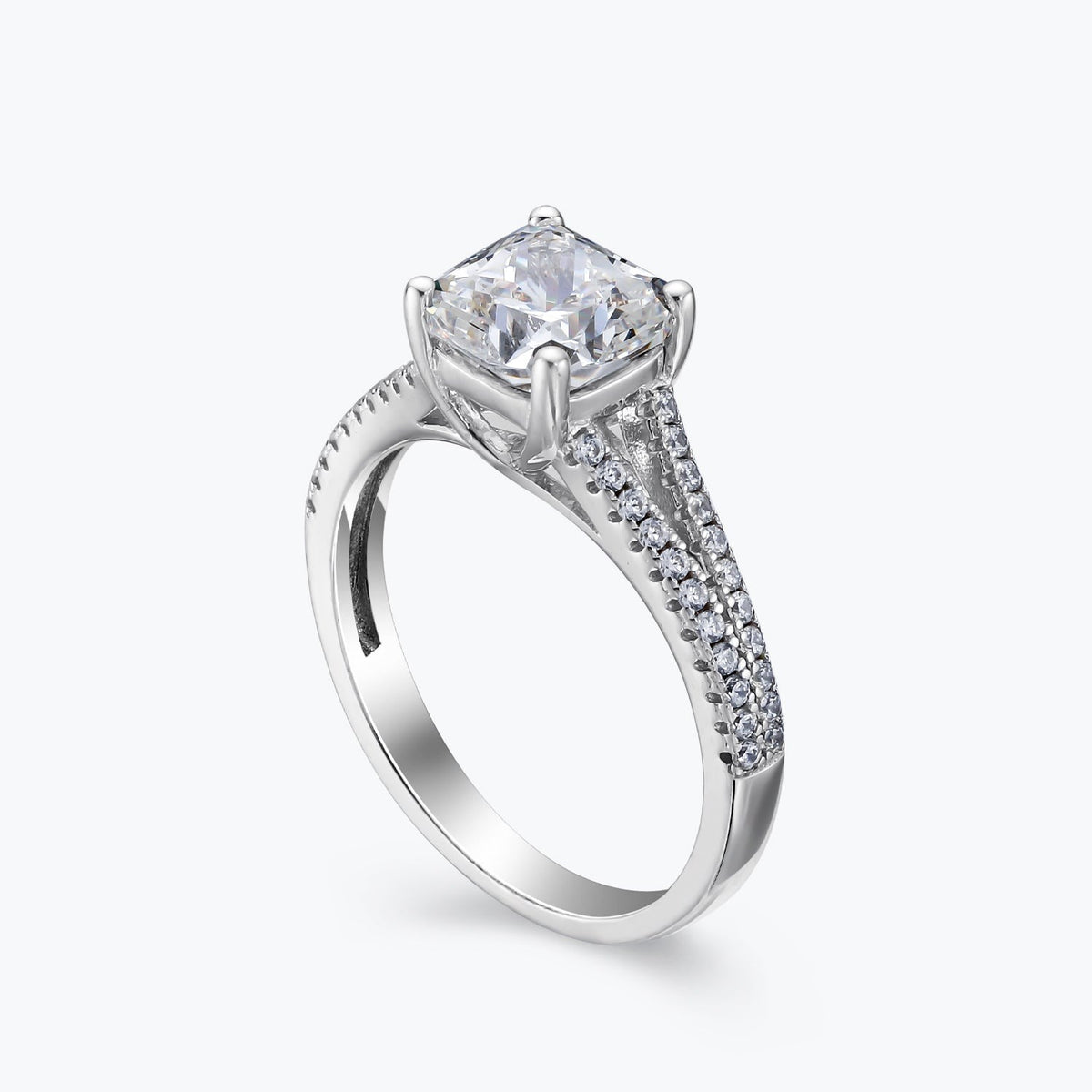 Chiara cushion-cut moissanite split-shank ring, angled view
