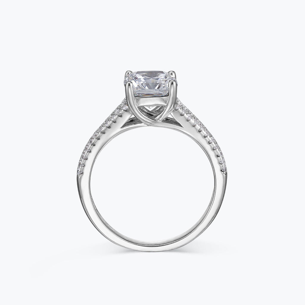 Chiara cushion-cut moissanite split-shank ring, profile view