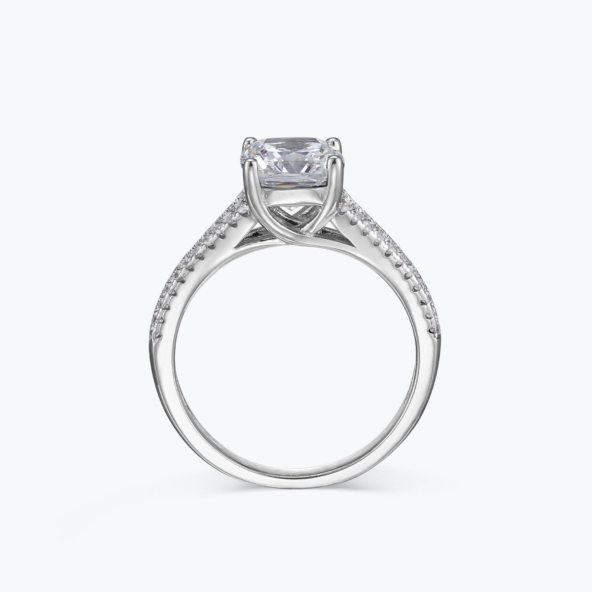 Chiara cushion-cut moissanite split-shank ring, profile view