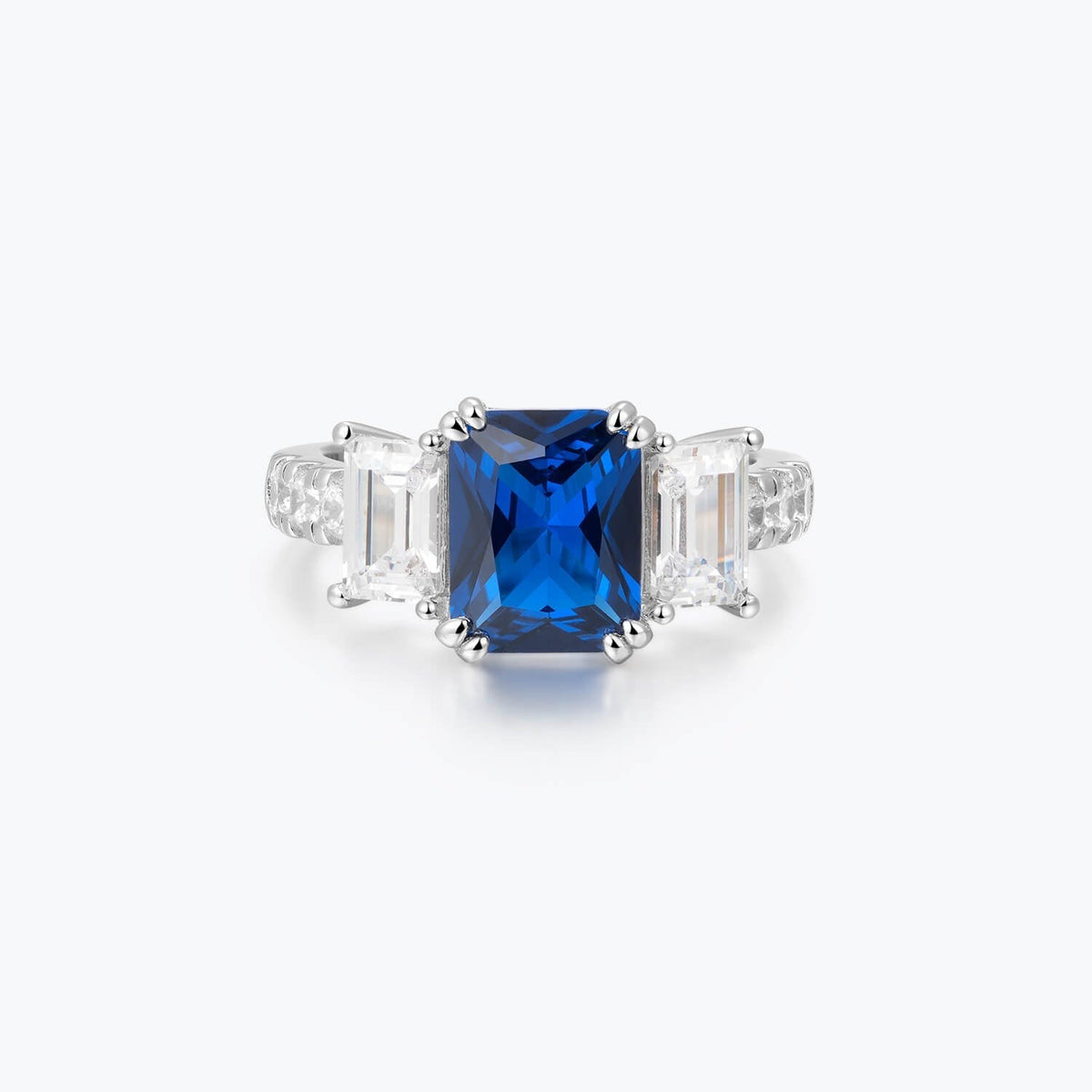 Azzurra blue cubic zirconia three-stone ring, top view