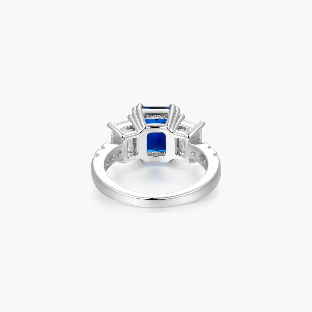 Azzurra blue cubic zirconia three-stone ring, back view