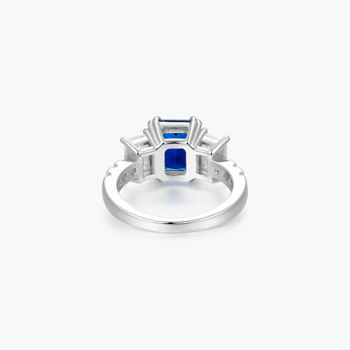 Azzurra blue cubic zirconia three-stone ring, back view