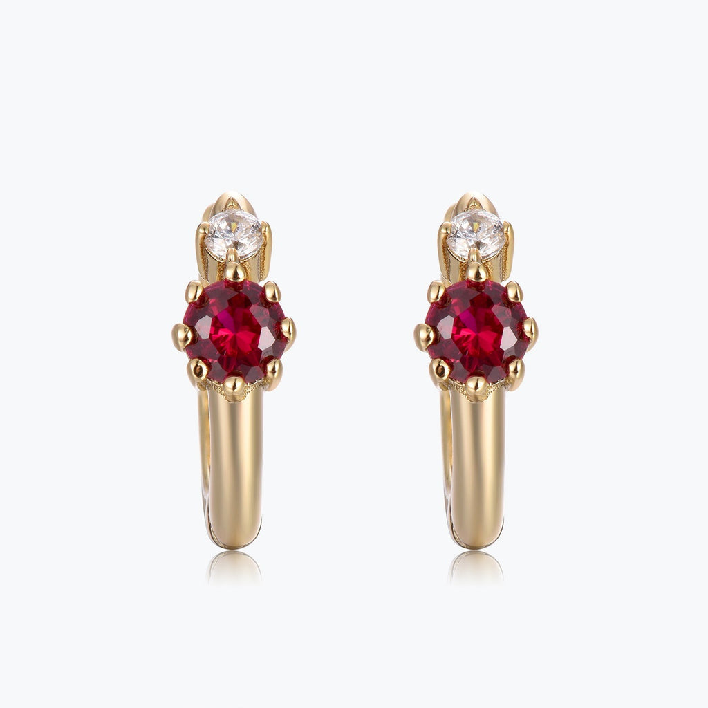 Scarlatta red cubic zirconia huggie hoop earrings, front view