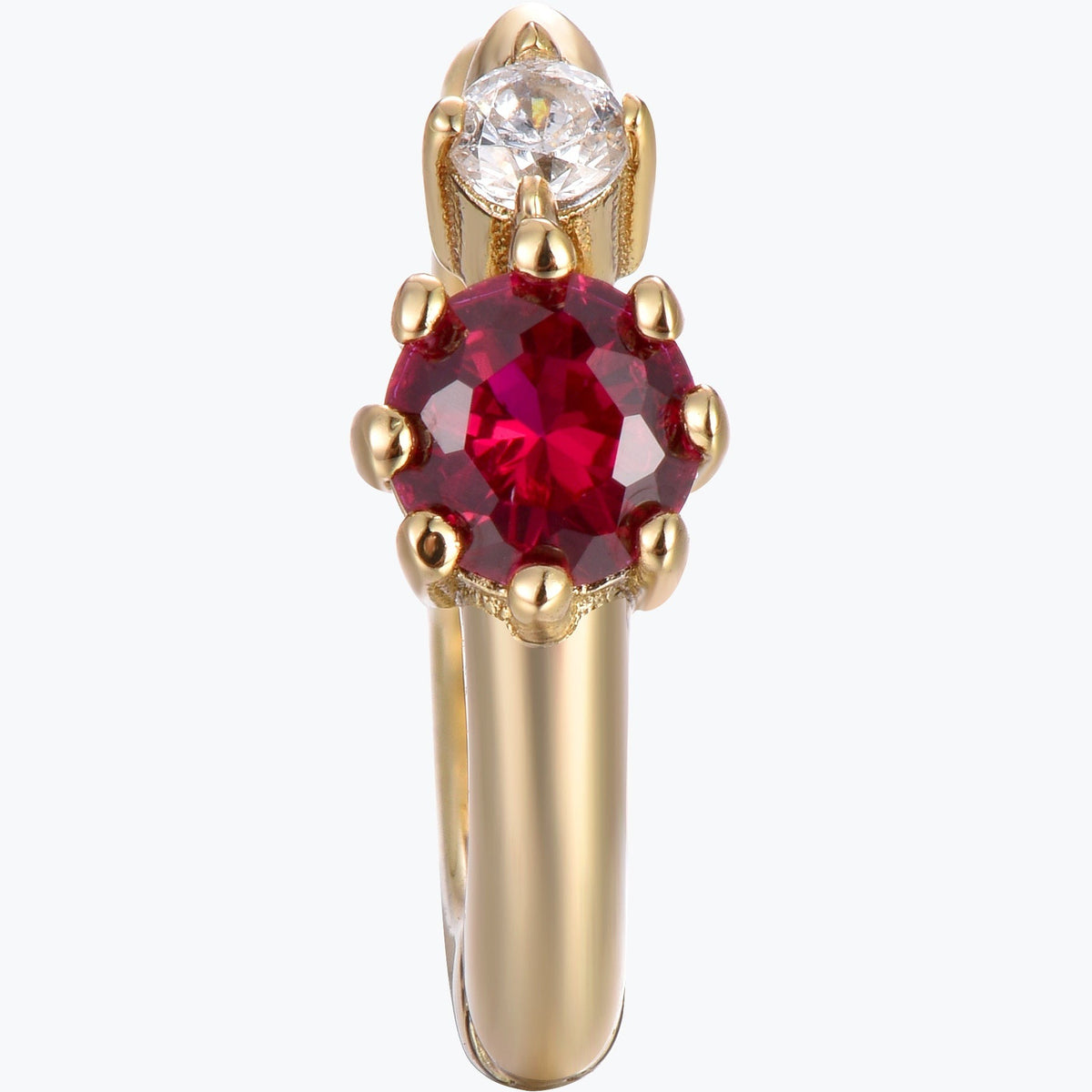 Scarlatta red cubic zirconia huggie hoop earring, close-up