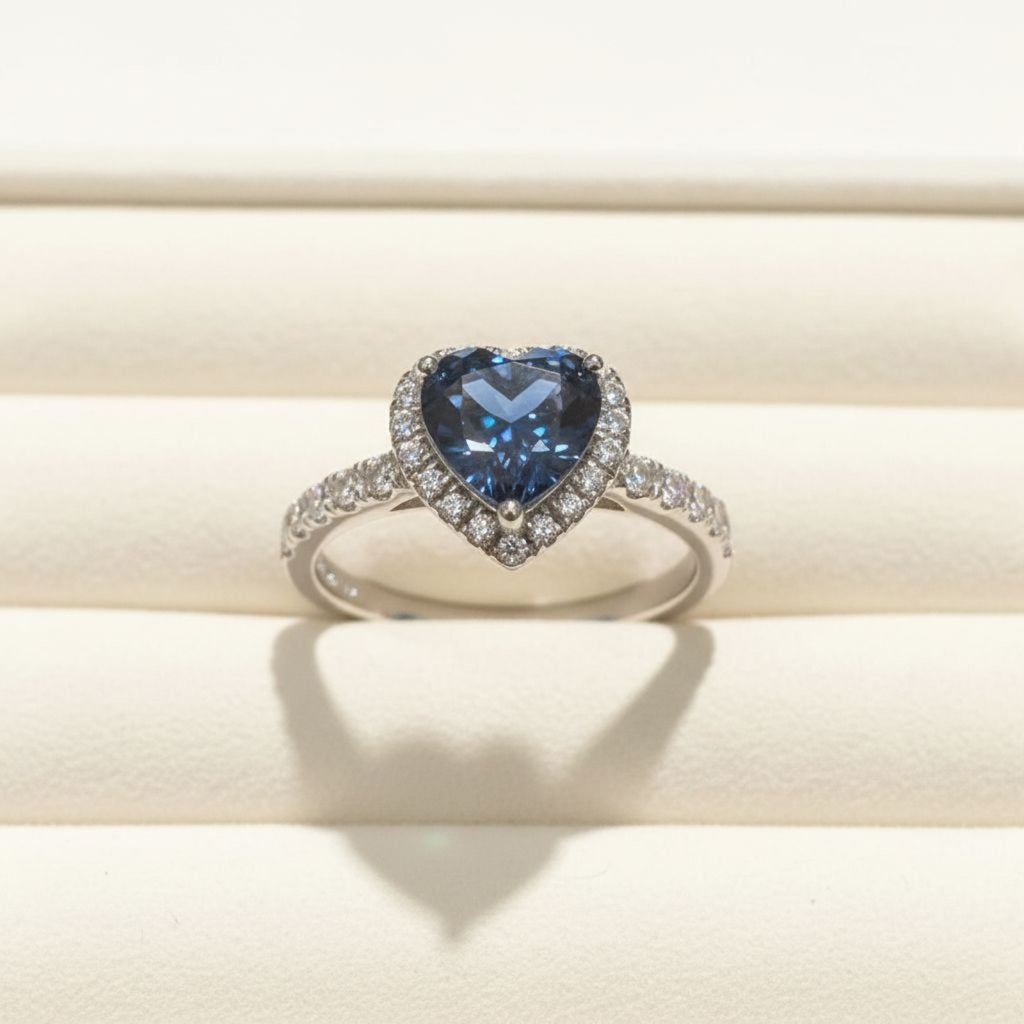 Midnight 2 Carat Blue Heart Moissanite Halo Ring in Sterling Silver — in ring box