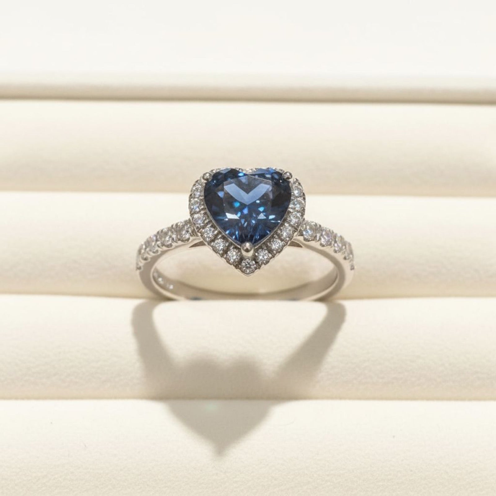 Midnight 2 Carat Blue Heart Moissanite Halo Ring in Sterling Silver — in ring box