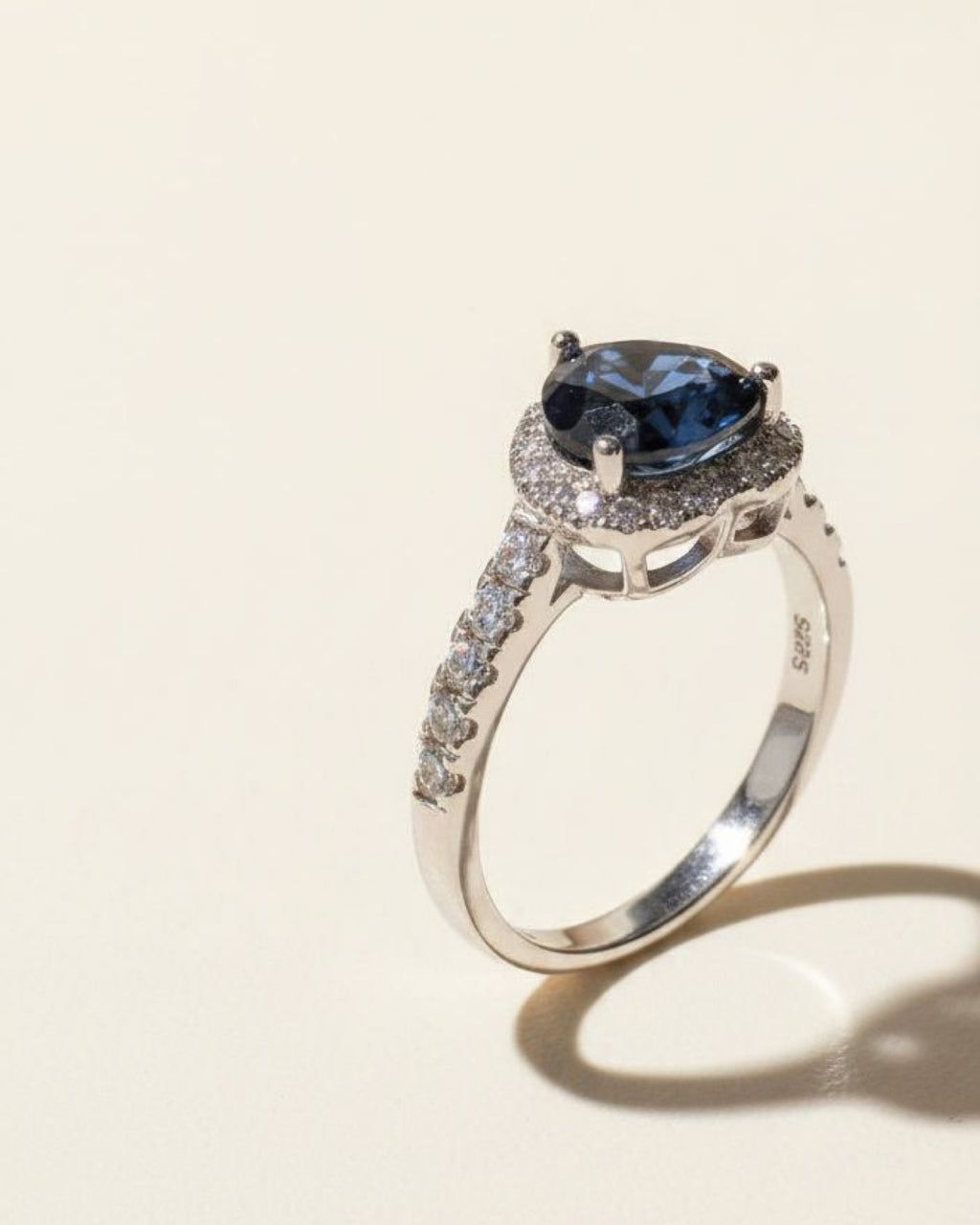 Midnight 2 Carat Blue Heart Moissanite Halo Ring in Sterling Silver — side detail with S925 hallmark