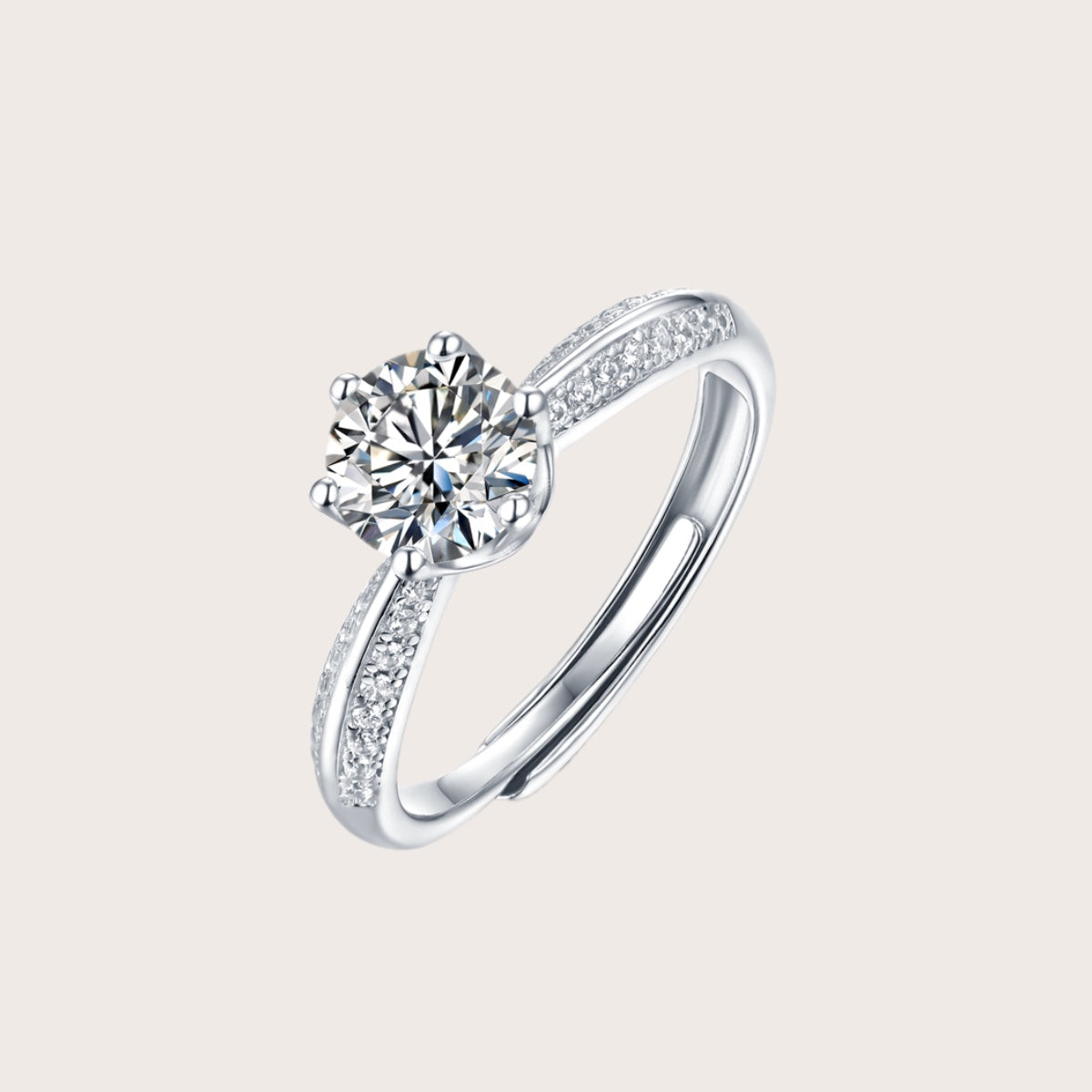 MYNSU Banbi solitaire moissanite ring in 925 sterling silver, round stone with pave band