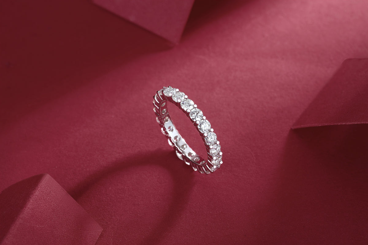 Shimmer pavé half-eternity ring sterling silver synthetic moissanite