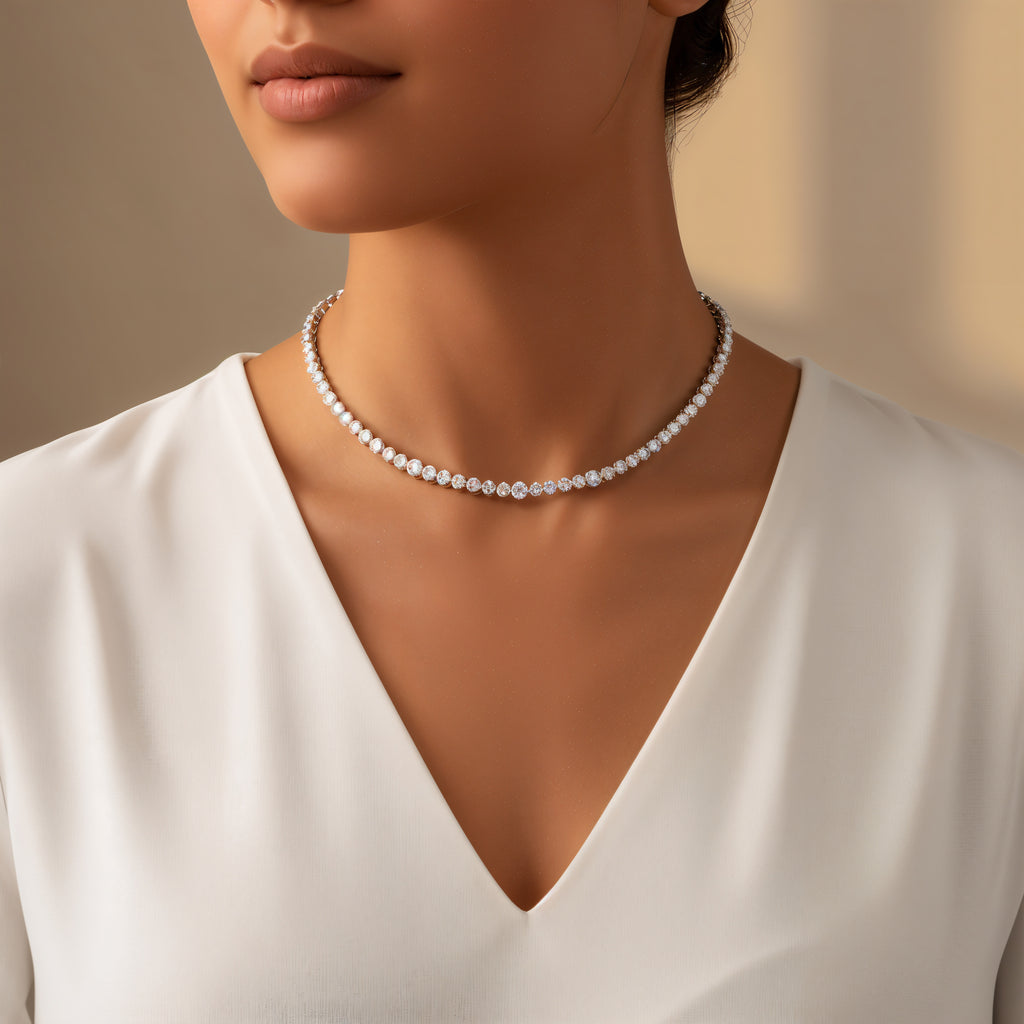 Bezela Moissanite Tennis Necklace in Sterling Silver worn at the collarbone