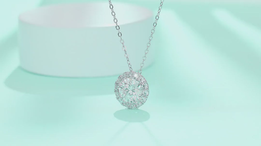 Starlit 2 Carat Moissanite Halo Pendant Necklace in Sterling Silver — video
