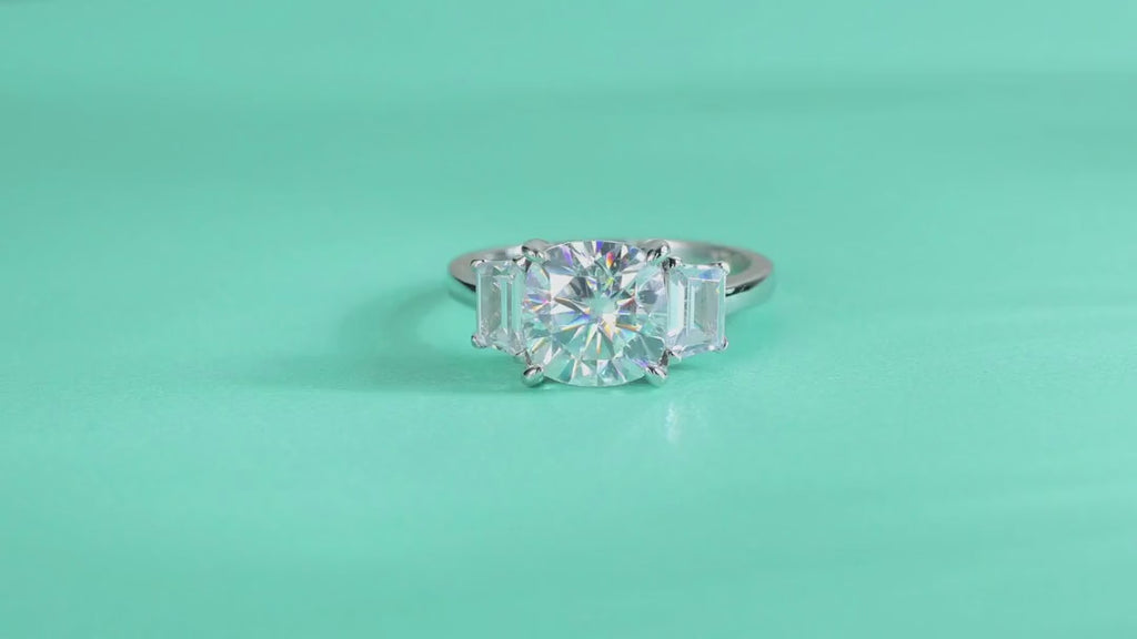 Seeker Cushion-Cut Moissanite Three-Stone Ring in Sterling Silver — video