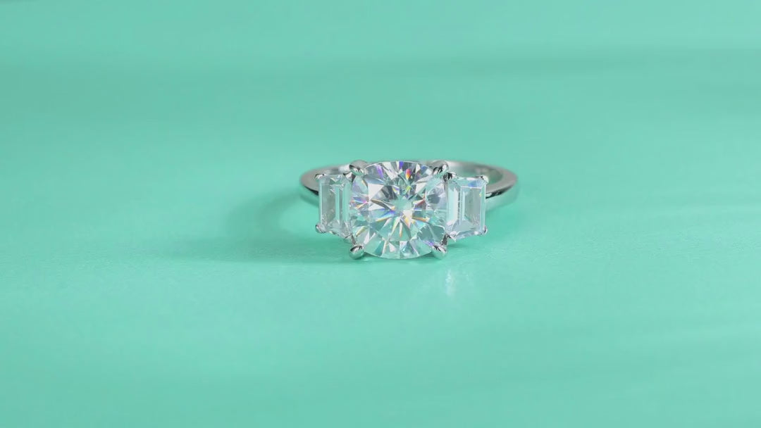Seeker Cushion-Cut Moissanite Three-Stone Ring in Sterling Silver — video