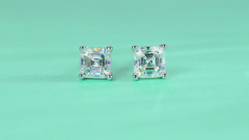 Carefree Square-Cut Moissanite Stud Earrings in Sterling Silver — video
