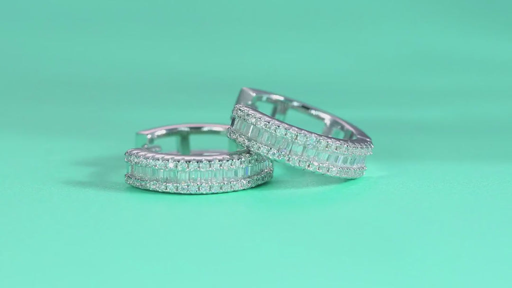 Prism Moissanite Baguette Huggie Hoop Earrings in Sterling Silver — video