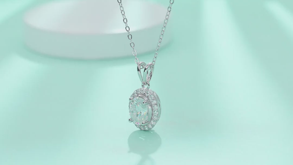 Verona Oval-Cut Moissanite Halo Pendant Necklace in Sterling Silver — video