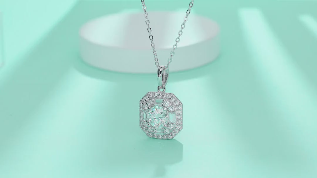 Quadra 1 Carat Moissanite Halo Pendant Necklace in Sterling Silver — video