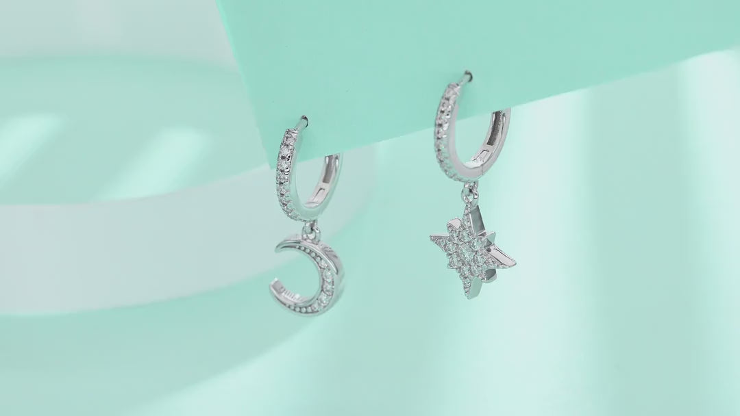 Astoria Moissanite Moon and Star Drop Earrings in Sterling Silver — video