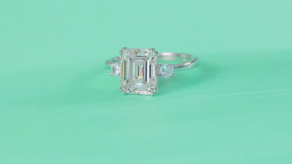 Token Emerald-Cut Moissanite Three-Stone Ring in Sterling Silver — video