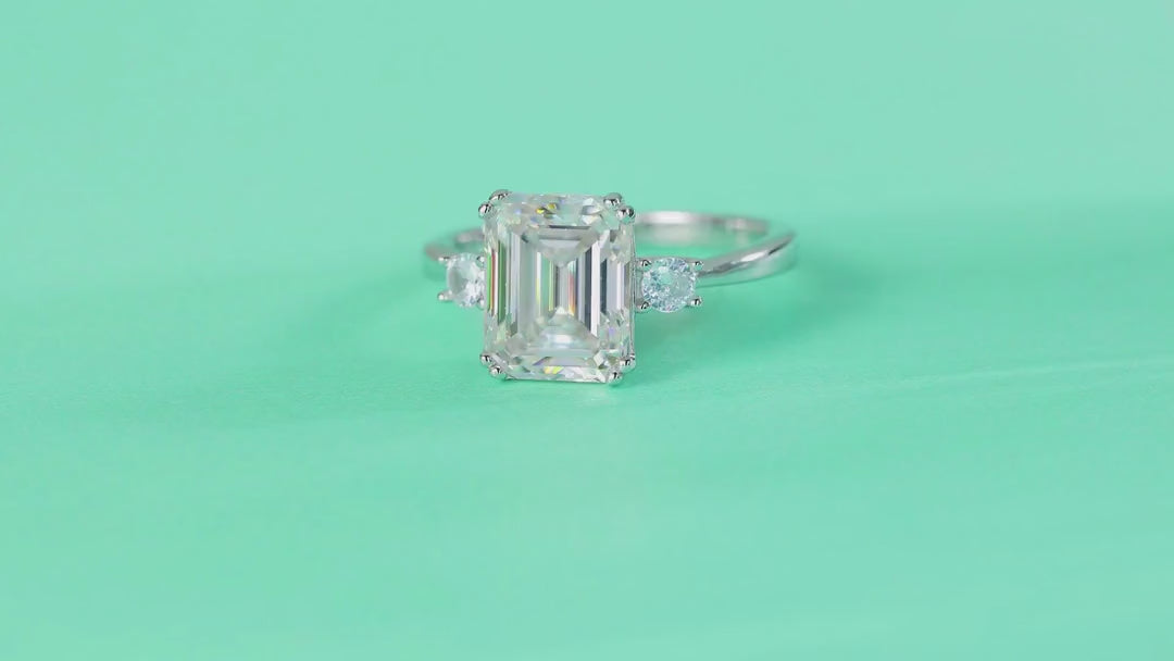Token Emerald-Cut Moissanite Three-Stone Ring in Sterling Silver — video
