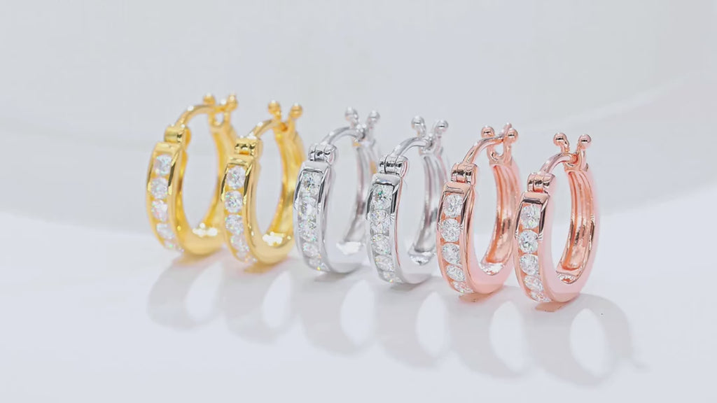 Station Moissanite Huggie Hoop Earrings in Sterling Silver — video