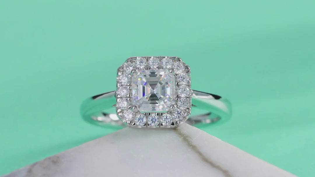 Piazza Cushion-Cut Moissanite Halo Ring in Sterling Silver — video