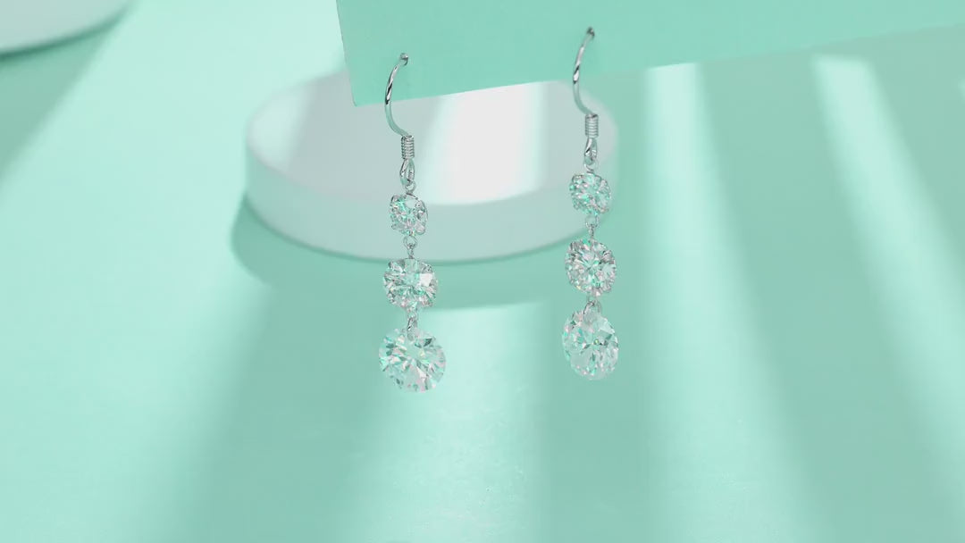 Tiered Moissanite Three-Stone Drop Earrings in Sterling Silver — video