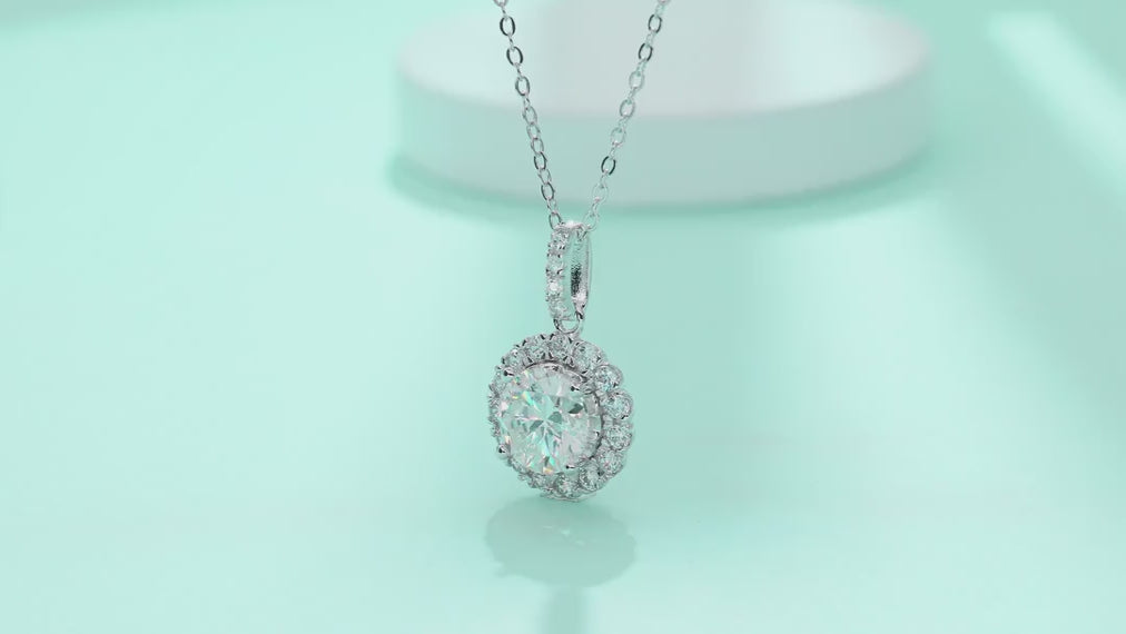 Dandelion 2 Carat Moissanite Halo Pendant Necklace in Sterling Silver — video