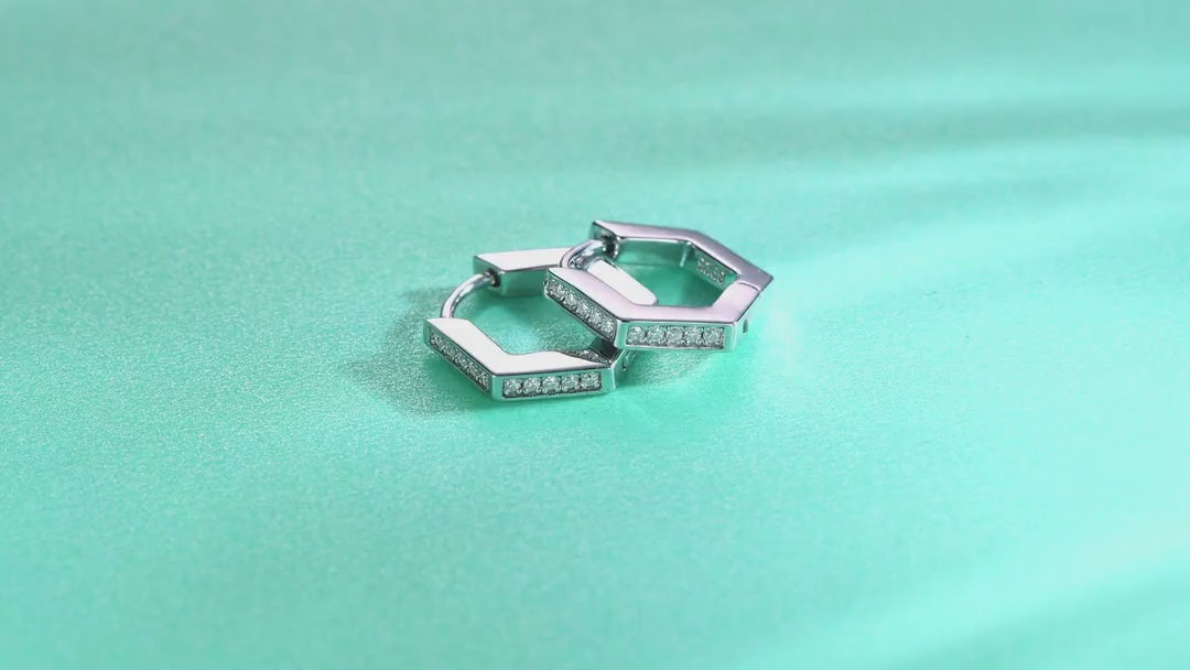 Comb Moissanite Hexagon Huggie Hoop Earrings in Sterling Silver — video