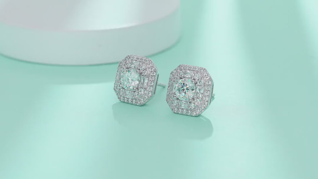 Octa Moissanite Halo Stud Earrings in Sterling Silver — video