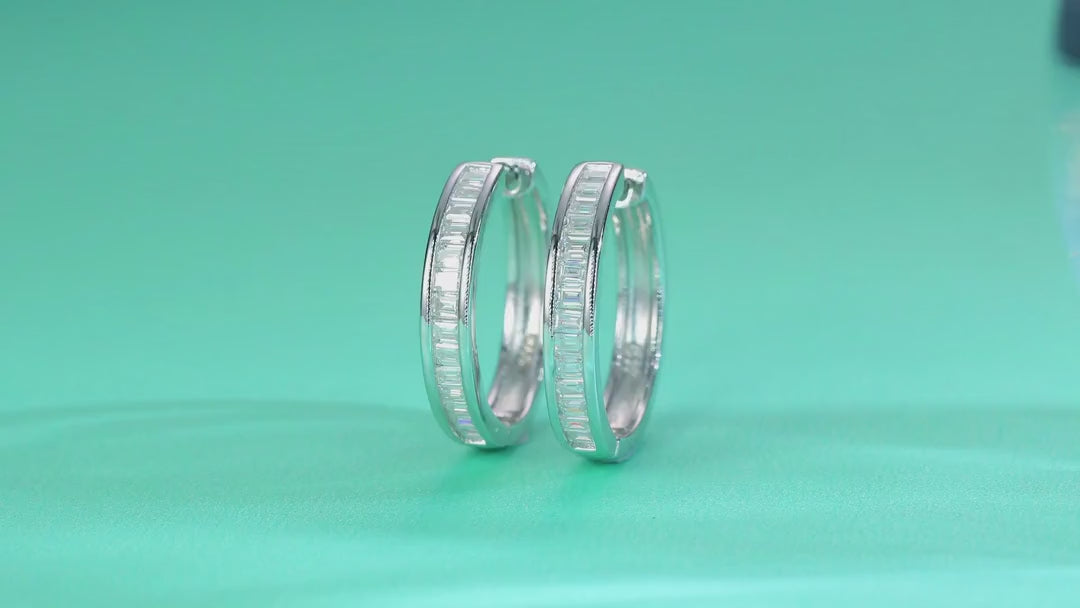 Deco Moissanite Baguette Hoop Earrings in Sterling Silver — video