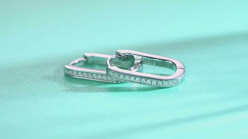 Oblong Moissanite Huggie Hoop Earrings in Sterling Silver — video