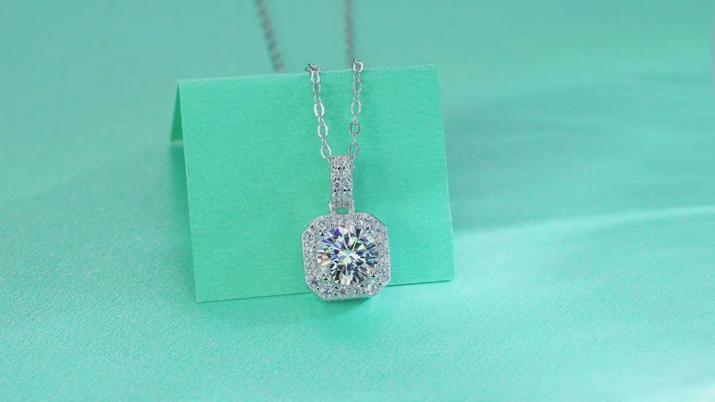 Aurora 1 Carat Moissanite Halo Pendant Necklace in Sterling Silver — video