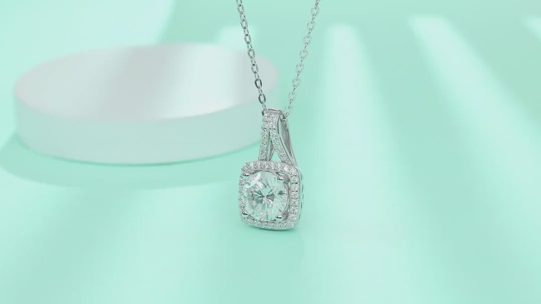 Solene 2 Carat Moissanite Halo Pendant Necklace in Sterling Silver — video