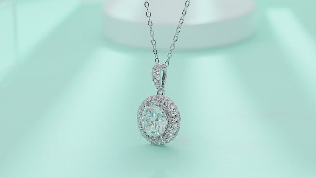 Sweetheart 2 Carat Moissanite Halo Pendant Necklace in Sterling Silver — video