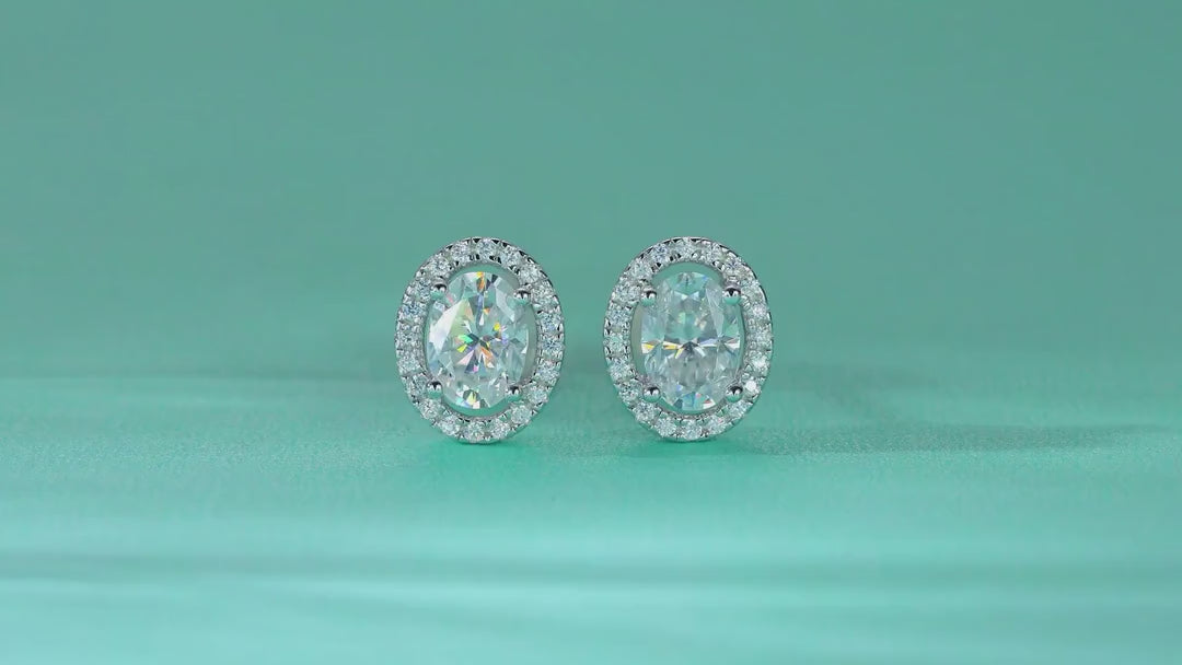 Ovation Moissanite Oval Halo Stud Earrings in Sterling Silver — video