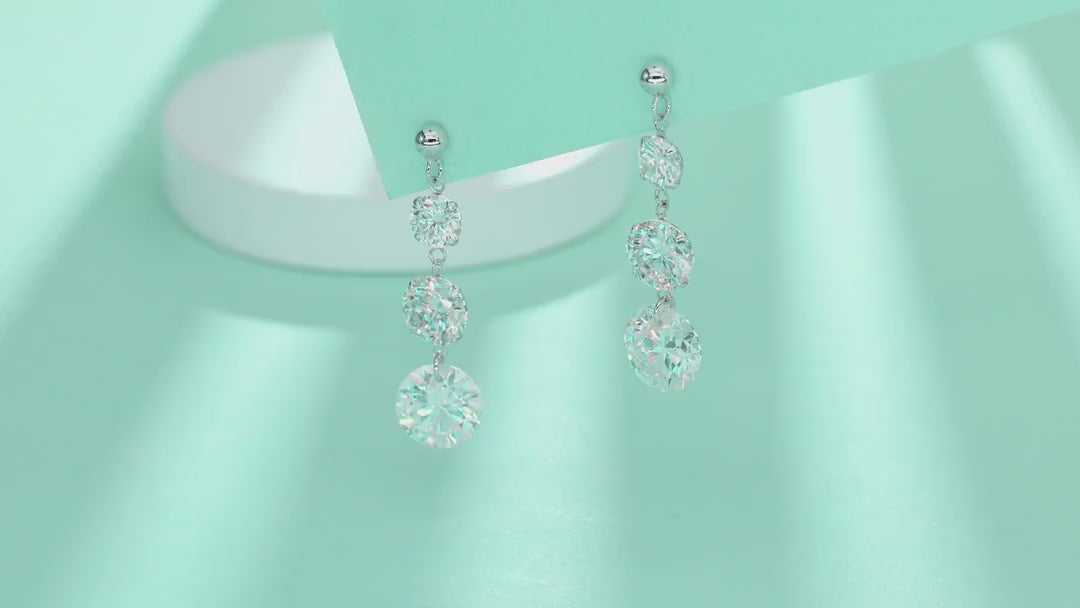 Stream Moissanite Three-Stone Drop Earrings in Sterling Silver — video