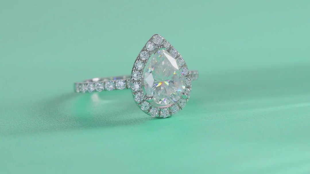 Spark Pear-Cut Moissanite Halo Ring in Sterling Silver — video