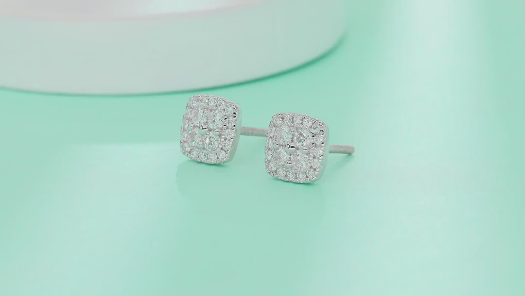 Cube Moissanite Halo Stud Earrings in Sterling Silver — video