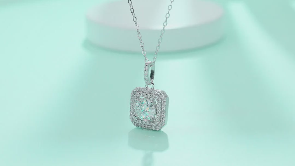 Sugarcube 1 Carat Moissanite Halo Pendant Necklace in Sterling Silver — video