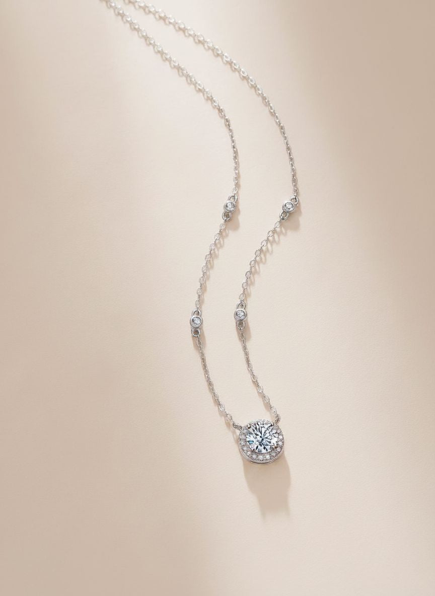 Stardust 2ct moissanite halo pendant necklace in 925 sterling silver
